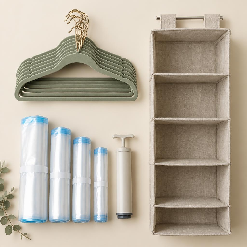 Closet Reset Kit items in a neatly organized reach-in closet