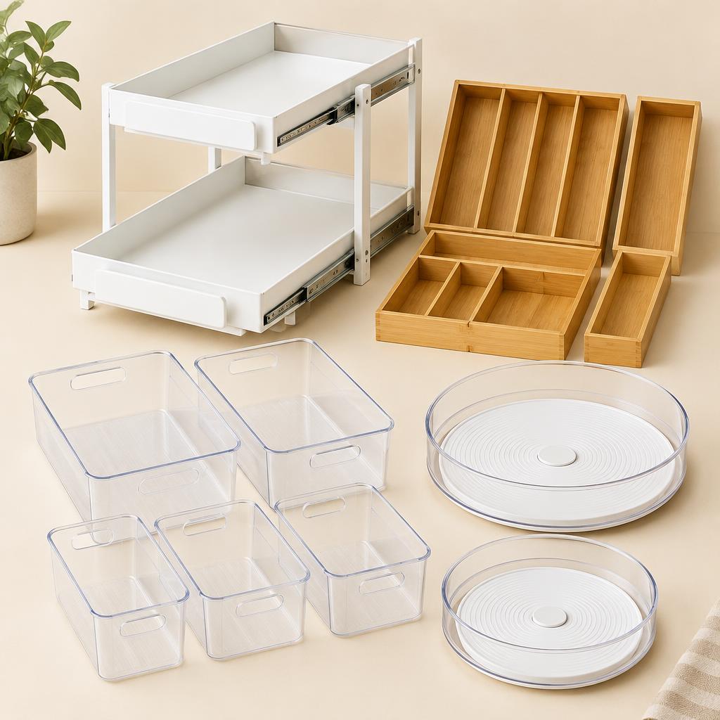 Kitchen Reset Kit organizers arranged on a bright counter