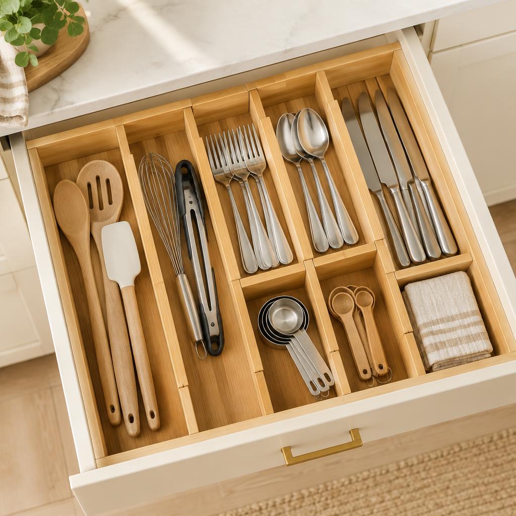 Expandable Bamboo Drawer Dividers (Set of 4) styled in a small home