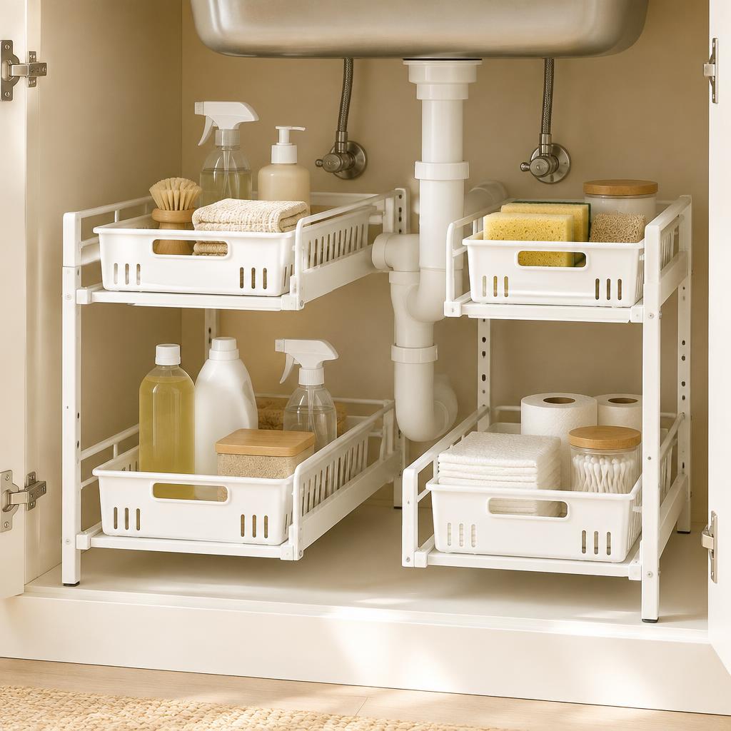 Two-Tier Sliding Under-Sink Organizer styled in a small home